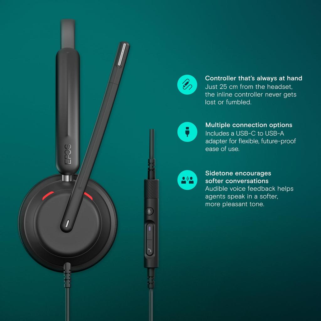 EPOS Impact 760 Office Premium headset with adaptive beamforming ActiveGard and leatherette ear pads for Headset double-sided, noise-canceling USB-C