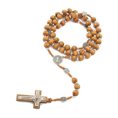 Hand-woven Wooden Bead Necklace Jesus Pendant Religious Jesus Saint Benedict Cross Rosary Necklace