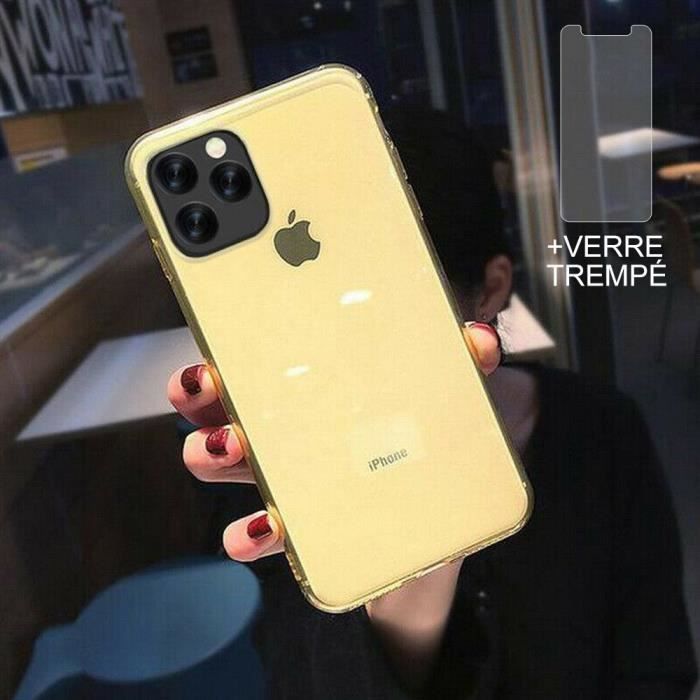 Coque pour iPhone 12 Pro + Verre trempé Protection écran,Souple Silicone étui Protecteur Bumper Clair Jaune