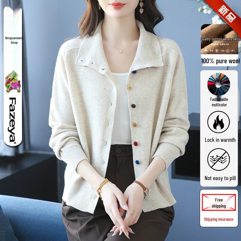 100% Reine Wolle Umlegekragen Damen Strick-Cardigan - Herbstmode Kurze Jacke