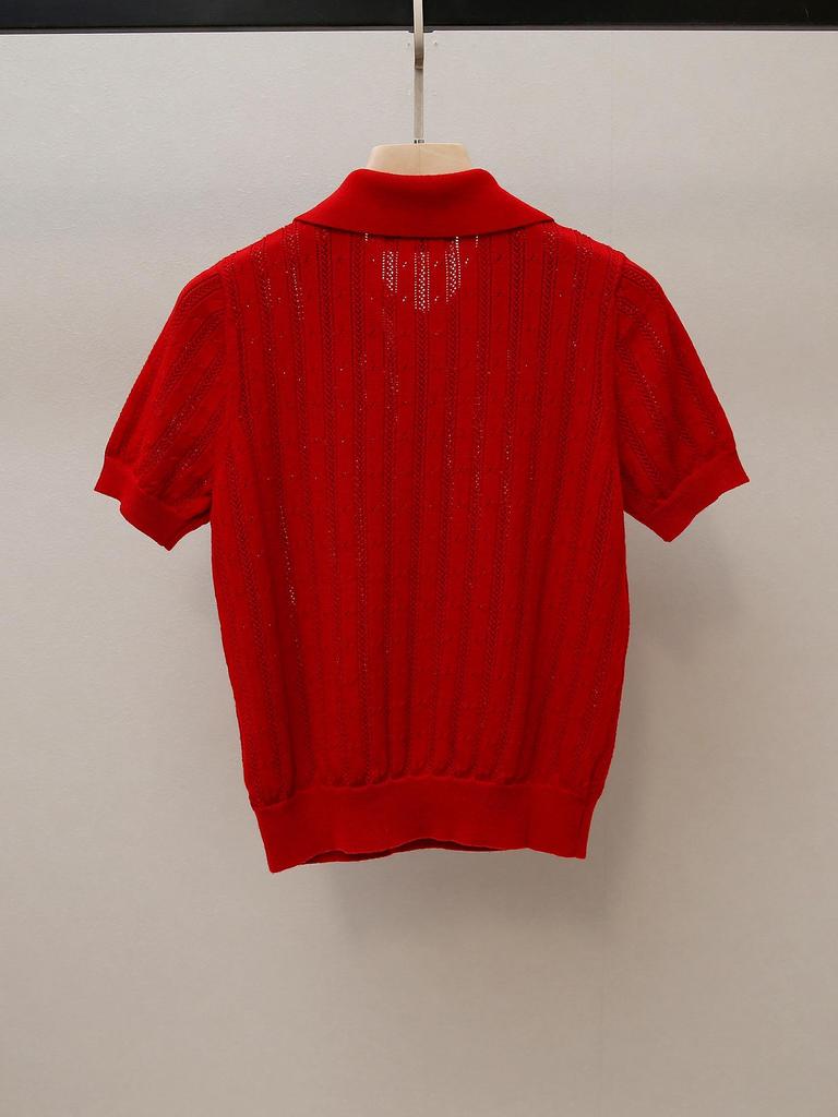 Herbst Damen Strick T-Shirt im französischen Stil mit Applikation und Umlegekragen