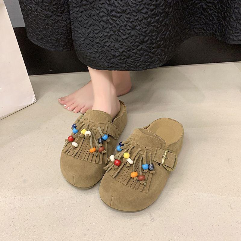 Retro Tassel Heightened Versatile Bag Head Women's Spring and Autumn New Thick-soled Small Casual Slippers
