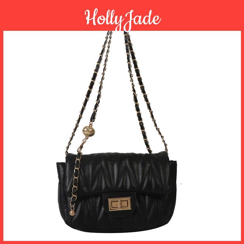 Womens Trendy Square Chain Shoulder Bag With Embroidered Lines For Daily Use