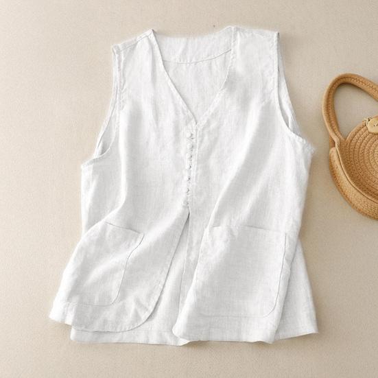 Cotton Linen Vest for Women Summer Sleeveless Cardigans Casual Buttons Short Jacket Waistcoat