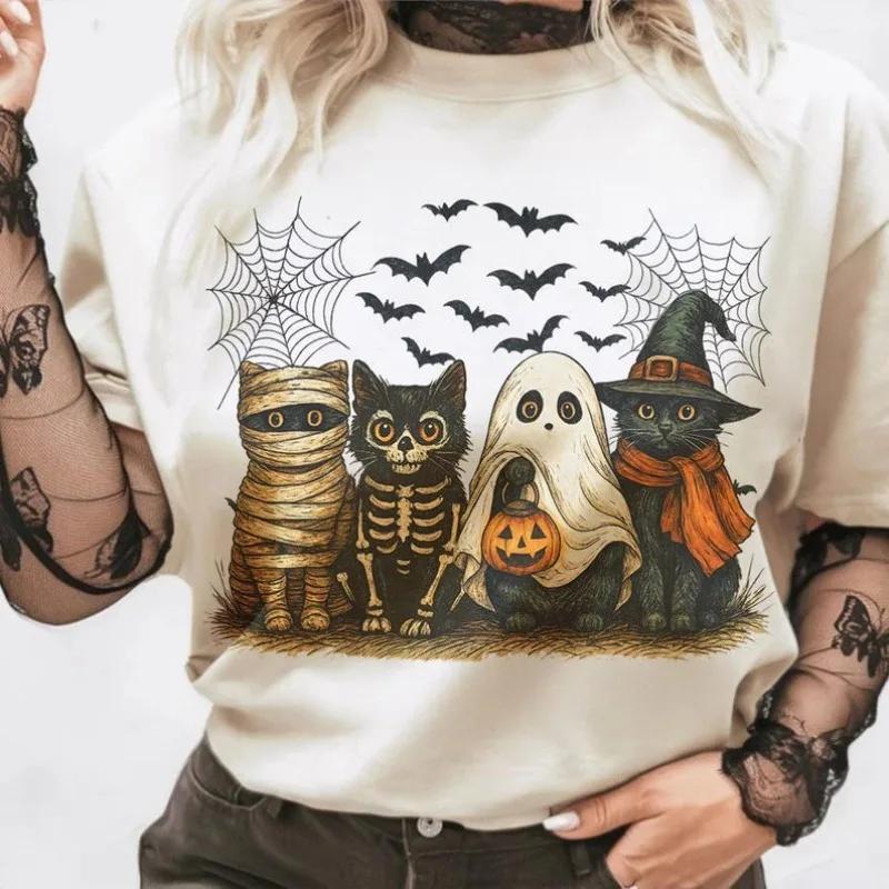 Pattern Women's Ghost Cute Cat Halloween Printed White T-Shirt Costume Funny 90s Fashion O-Neck Casual Regular Top T-Shirt