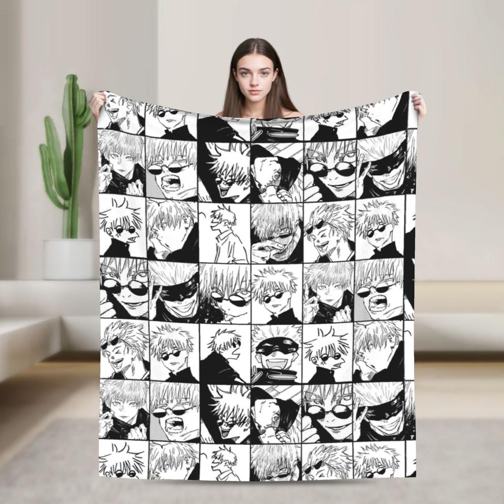 Gojo Satoru Manga Collage Blankets Flannel Winter Anime Jujutsu Kaisen Soft Throw Blanket for Bedding Outdoor Bedding Throws