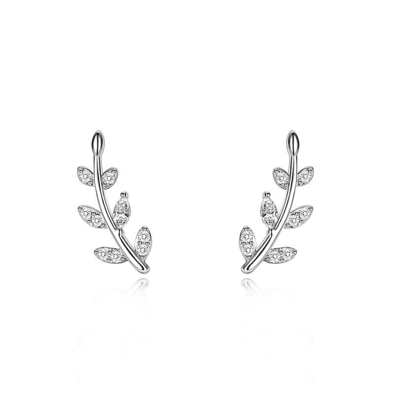 925 Sterling Silver French Simple Pavé Crystal Olive Branch Leaf Stud Earrings Women Light Luxury Temperament Wedding Jewelry