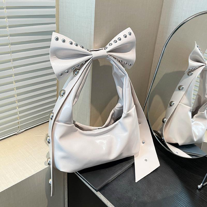 

Сумка-хобо с заклепками и бантом Y2K и кошельки для женщин, модная сумка через плечо со съемным бантом, женская сумка из искусственной кожи, сумка подмышку CLE 27.5x9x14cm белый