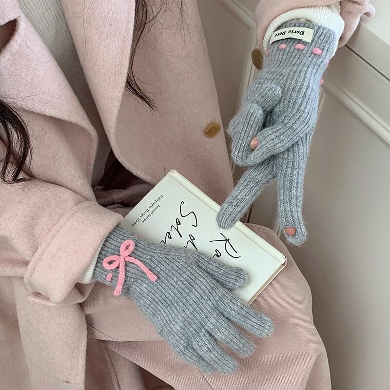 Женские розовые вязаные зимние перчатки с бантом