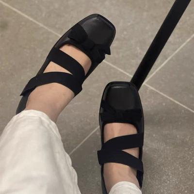 Handmade Leather Square Head Bow Ballet Mary Jane Shoes Women's Cross Strap Color Matching Low Heel Single Shoes Women's Shoes Silver