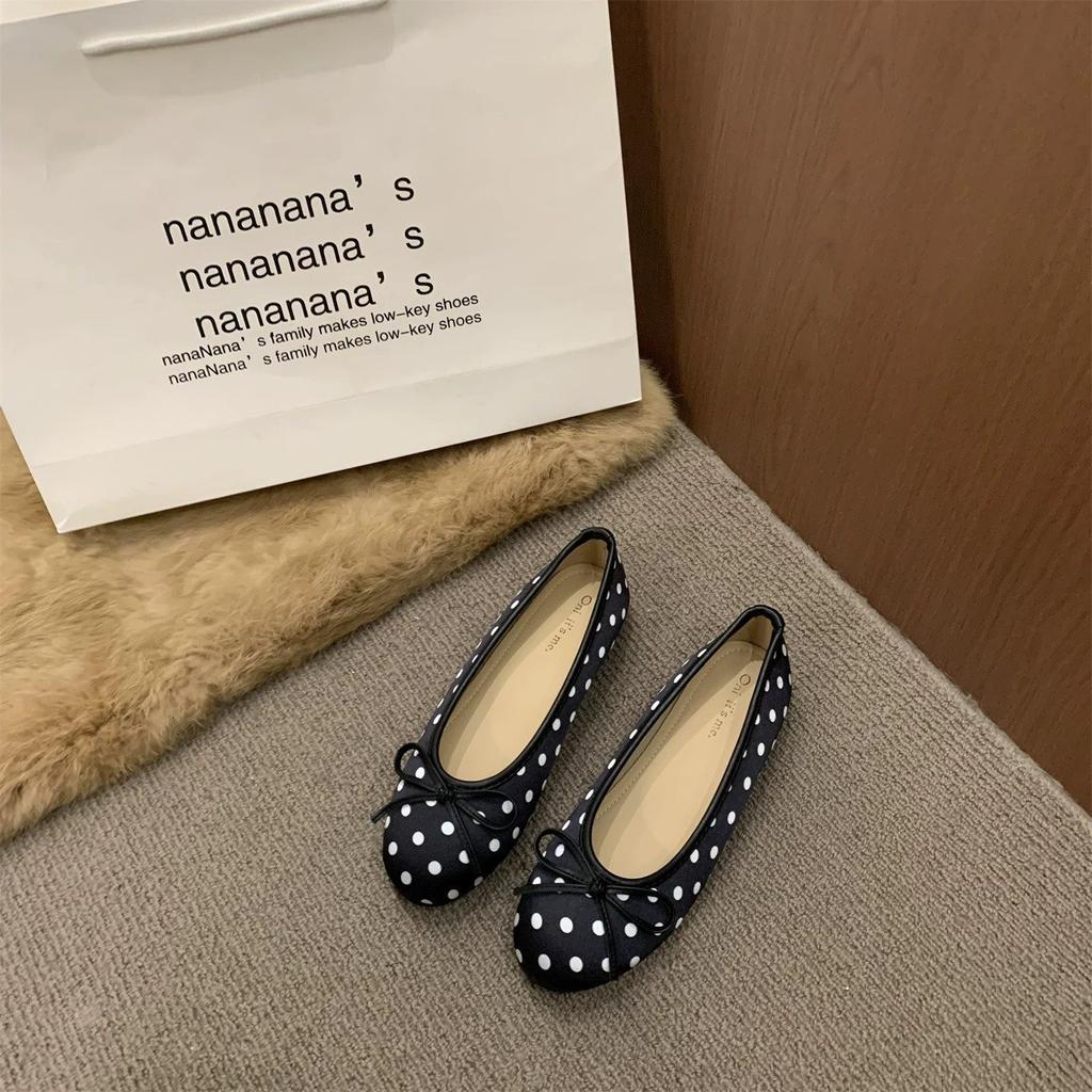 Soft-Soled French Spring Polka Dot Mary Jane Single Shoes Women'S One-Pedal Ballet Shoes Bow Flat Bottom