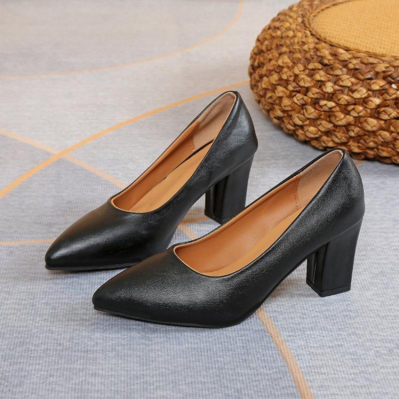 Fashion Simple Block Heel Soft Leather Single Shoes Women's Pointed Toe Shallow Mouth Cover Foot Anti-Slip Wear-Resistant High Heels