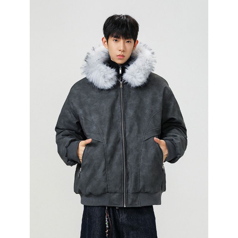 Wassup Large Fur Collar Pu Leather Cotton Jacket for Men and Women, Winter Faux Mink Velvet Thickened Warm Workwear Cotton Coat