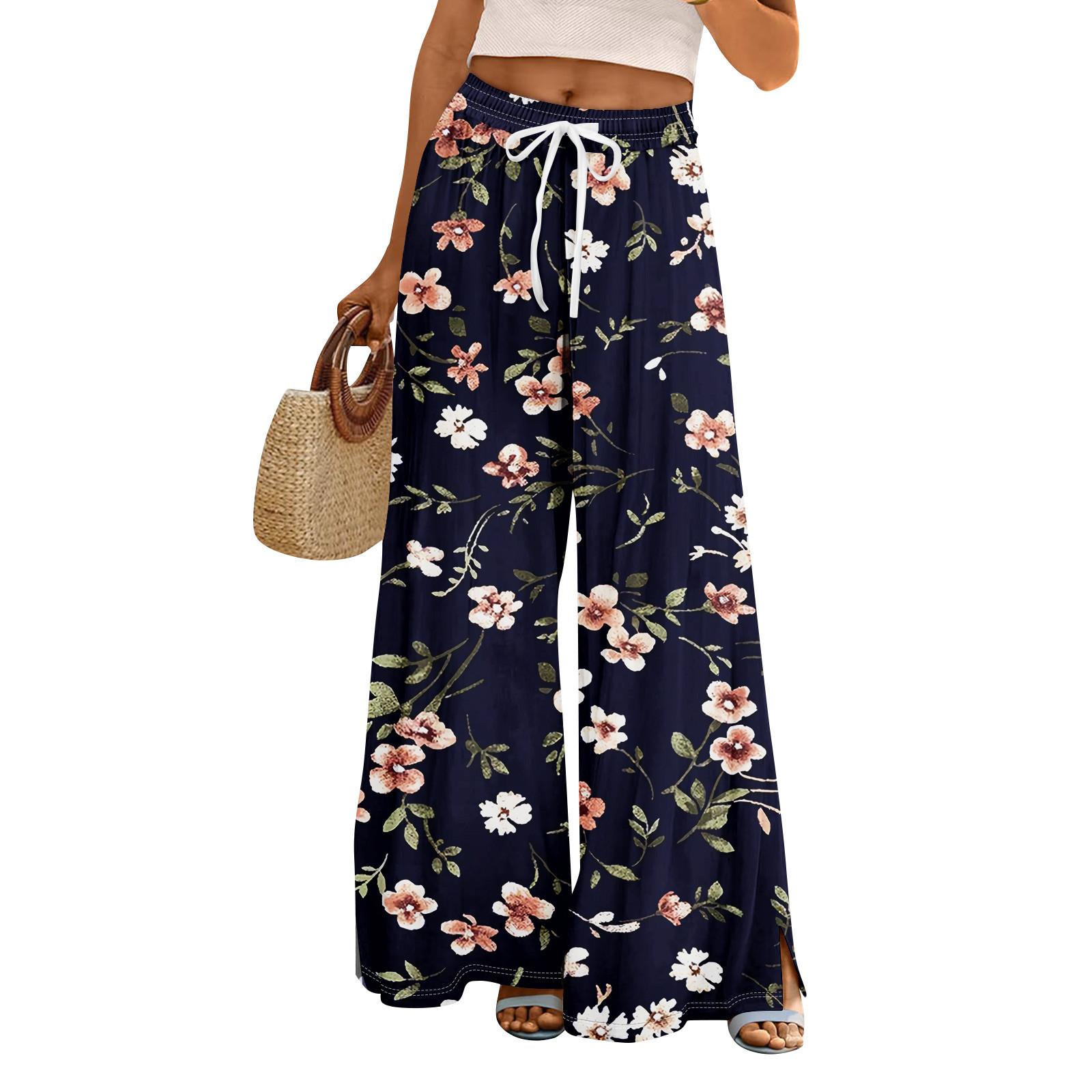 

Женские летние брюки-палаццо в стиле бохо с высокой талией, широкие повседневные брюки с цветочным принтом и карманами L тёмно-синий