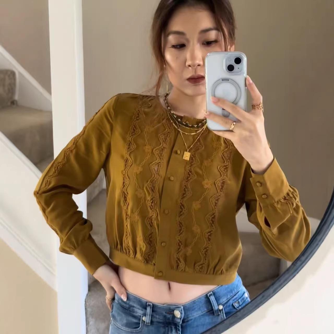 2026 Spring/Summer French Floral Lace Embroidery Puff Lantern Sleeve Top S хаки