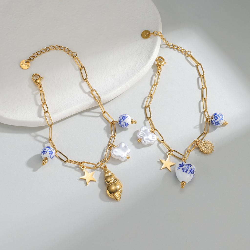 New Trend Gold Plated Stainless Steel Bracelet Ceramic Pendant Ocean Style Shell Conch Accessories Beach Jewelry Gifts for Women