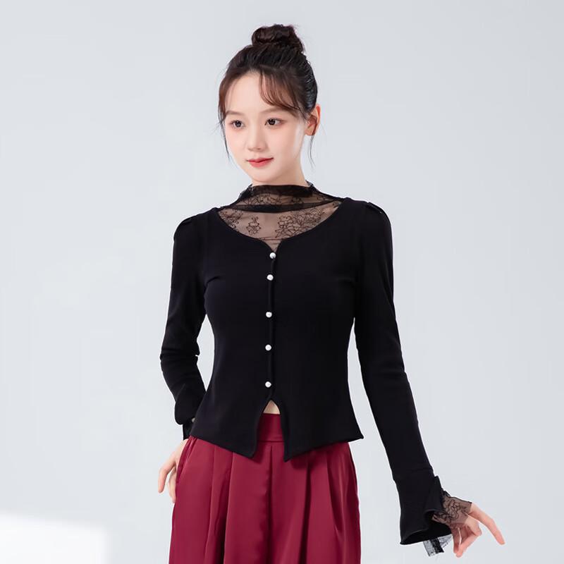 WEZHO Современная кружевная пэчворк футболка с полувысоким воротником