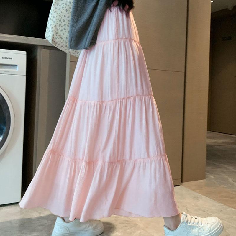 Spring Summer Women Long Skirts Fashion High Waist Elastic Patchwork A-Line Skirt Casual All-Match White Cake Maxi Skirts Female