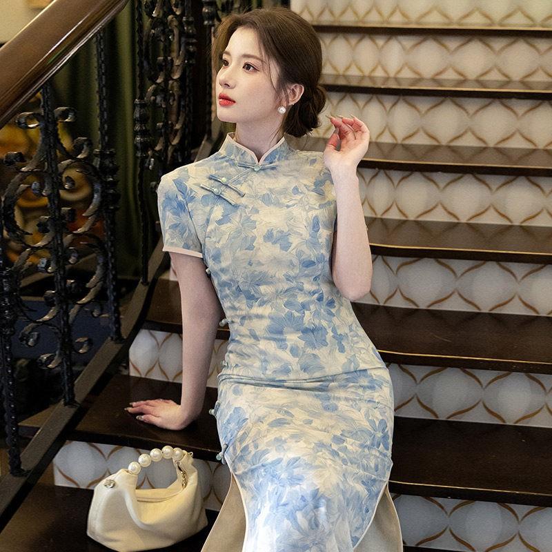Elegant Blue Tencel Linen Qipao Dress 2026 Womens Modern Long Cheongsam With Stand Collar Side Slit