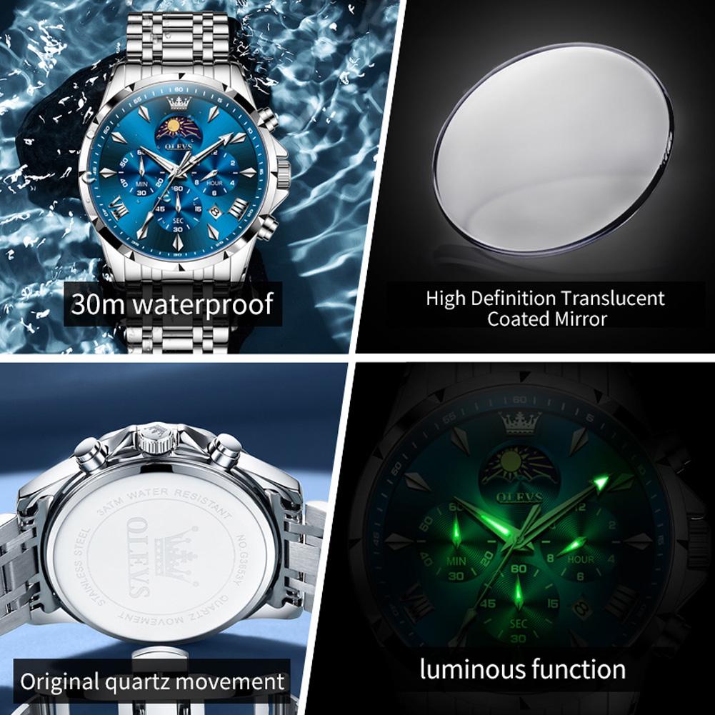 OLEVS Fashion Silver Blue Stainless Steel Watches for Men Sport Waterproof Man Moon Phase Date Male Quartz Wristwatch reloj