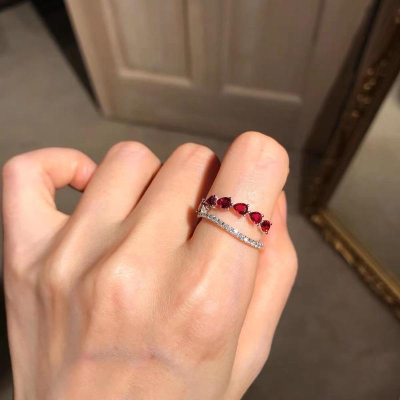 Double Layer Gem Ring: Women s Adjustable Elegant Garnet & Blue Zircon Design Adjustable Open Size
