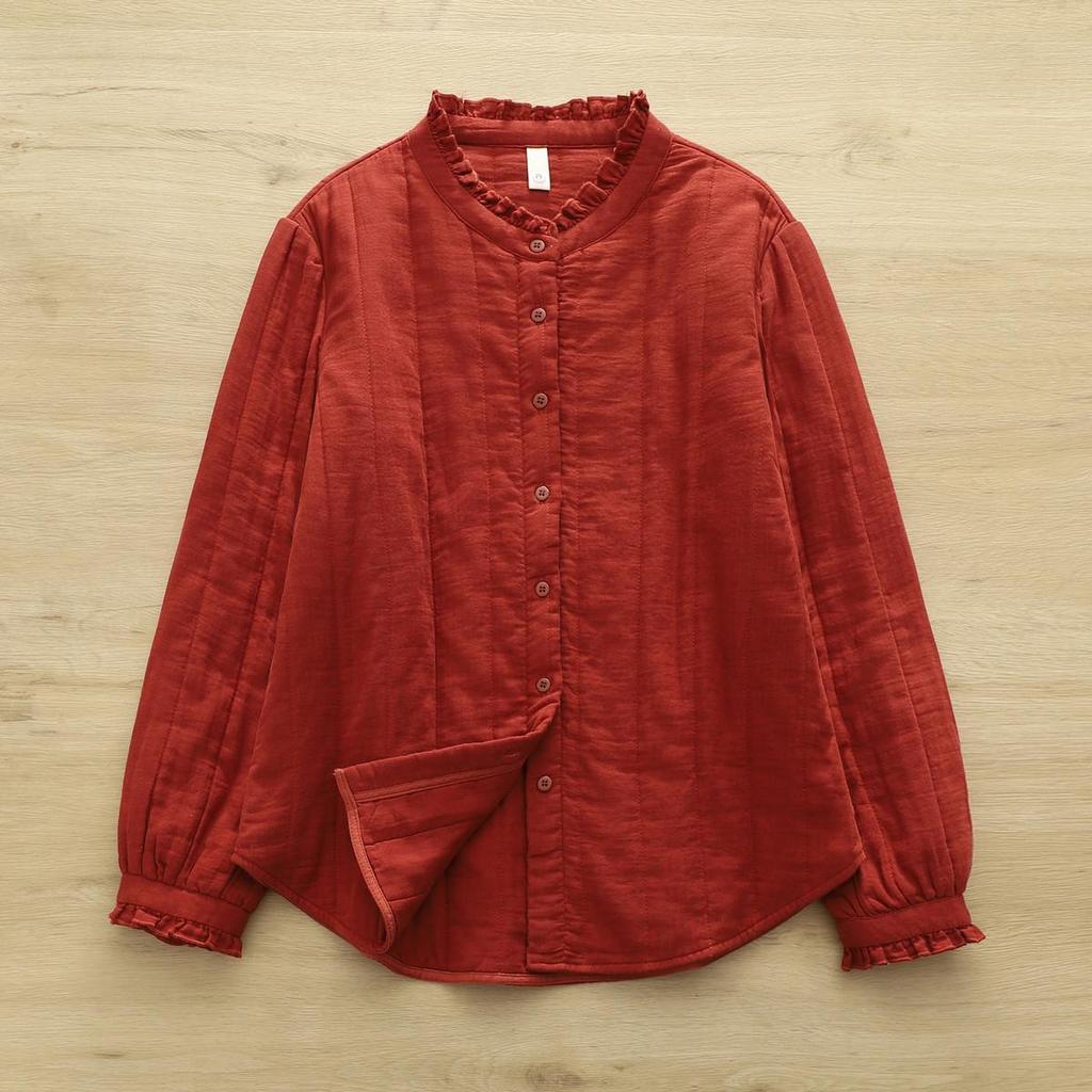 Women's Elegant Quilted Lace Stand Collar Shirt - 2025 Autumn/Winter Cotton Warm Base Layer Top
