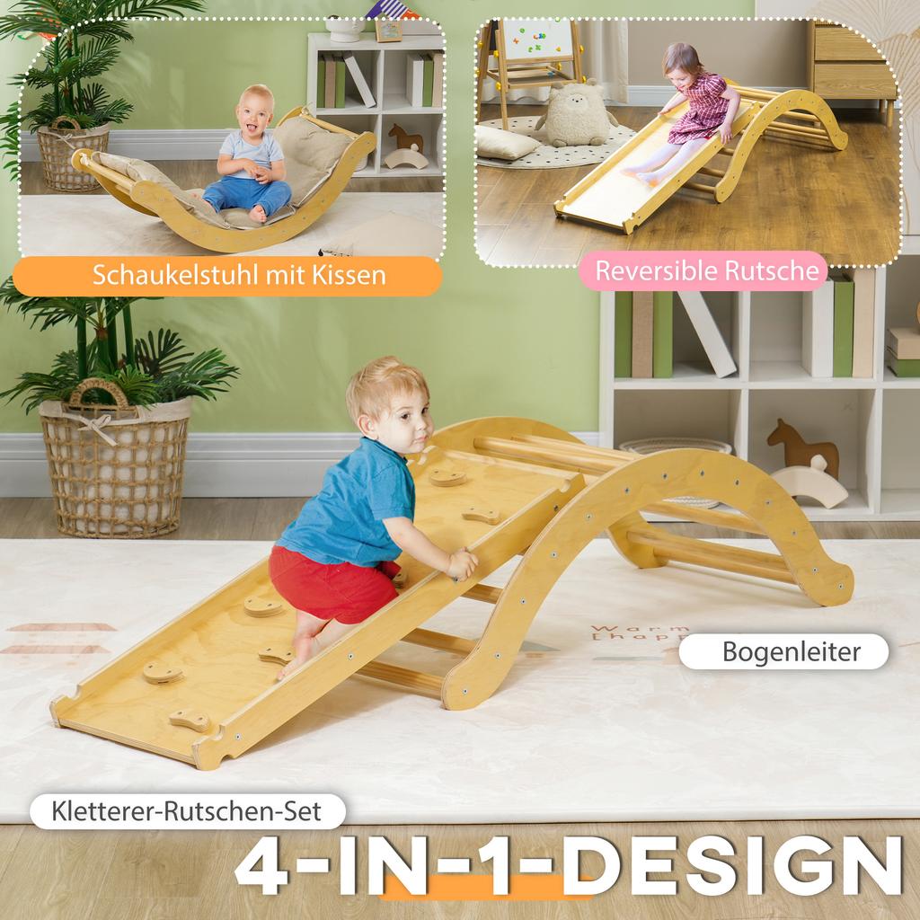 Kids' Climbing Set, 4-in-1 Design with Arch Bridge, Rocking See-Saw, Cushion, Slide Ramp, for Indoor Use, Wood