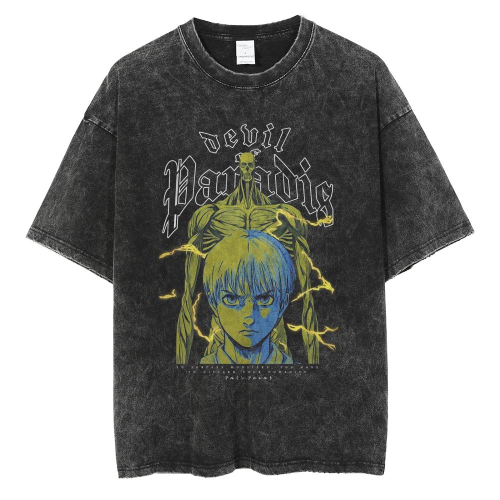 Eren Jager Attack on Titan Summer Streetwear Washed T-Shirt Anime Graphic Print TShirt Men Harajuku Cotton Oversize Vintage Tee