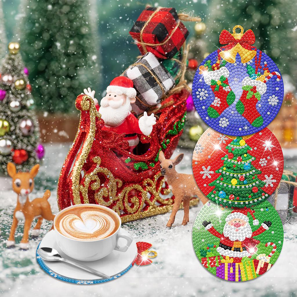 8pcs/sets Christmas Diamond Painting Coaster DIY Snowman Christmas Tree Drink Cup Diamond Art Coasters Christmas Decoration 2024