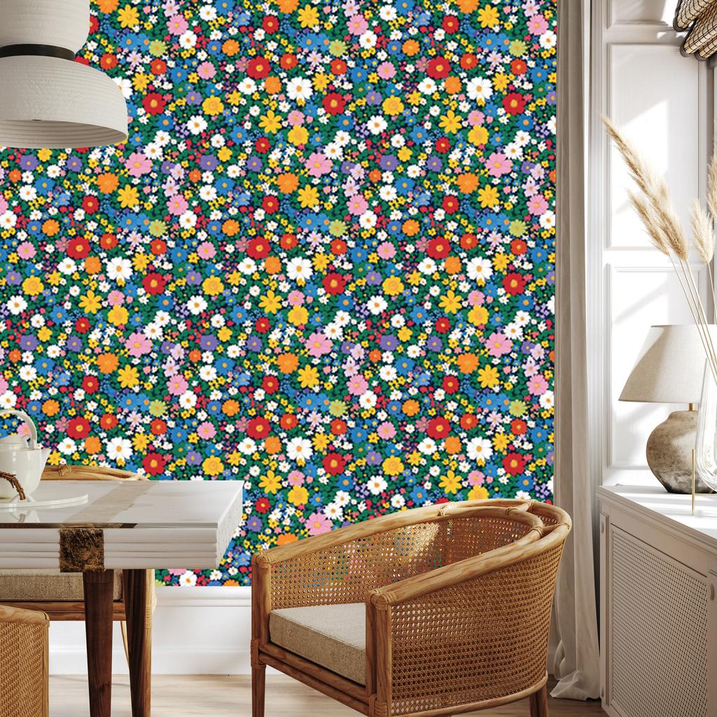 Wallpaper with Small Sea Flowers, Blue and Turquoise for the Living Room and Bedroom 50x1000