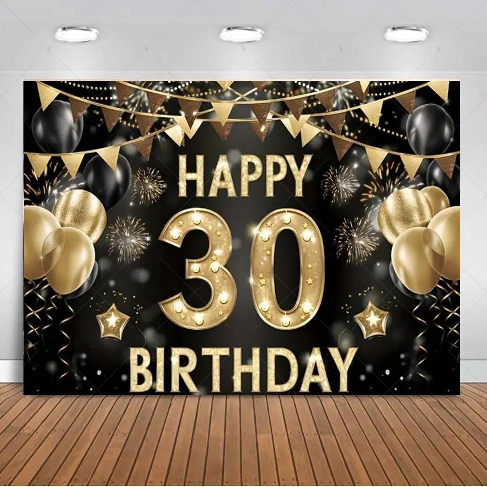 30th Birthday Party Decorations 30 Years Old Backdrop Supplies Black Gold Balloons Glitter Background Banner Photography Props