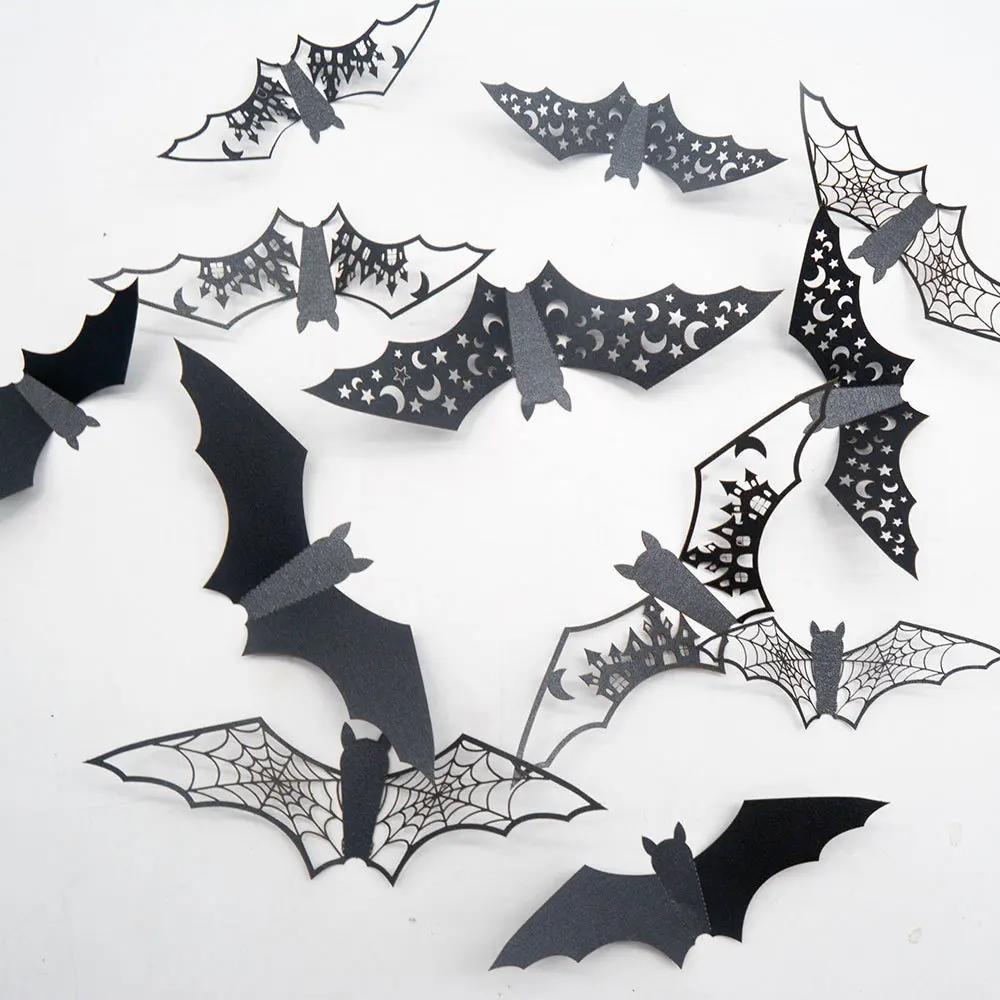 12/48pcs Halloween Decoration 3D Bat Wall Stickers Hollow Black Bat for DIY Halloween Party Horror House Scary Decal Decor