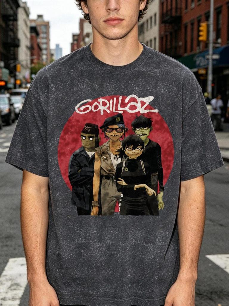 Gorąca Wyprzedaż Vintage Koszulka z Zespołem Gorillaz Kwasowo Spierana Oversize Koszulka z Nadrukiem Unisex Lekka Drukowana Casualowa Outdoorowa Bawełniana Koszulka