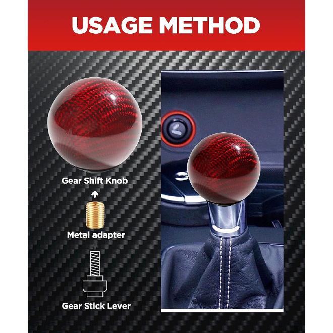 YAKEFLY Universal Shifter, Round Carbon Fiber Gear Shift Knob With 3 Aluminum Adapters, Car Shift Lever Stick Knob (Carbon Red)