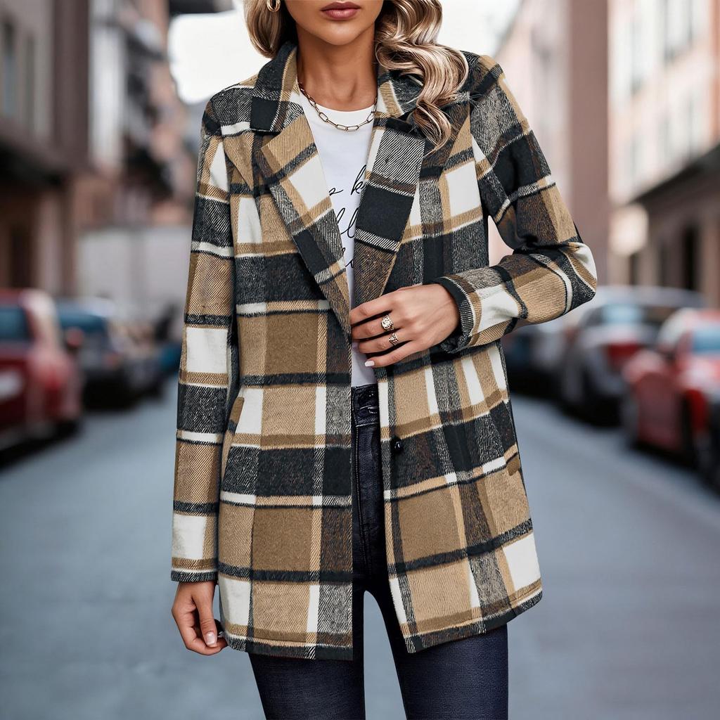 Women's Casual Fashion  Plaid Shirt Medium Woolen Coat