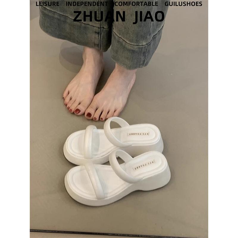 

Korean version of fashion niche pink leopard print sandals women s word with soft sole slope heel cool slippers thick sole heightening Roman shoes 40