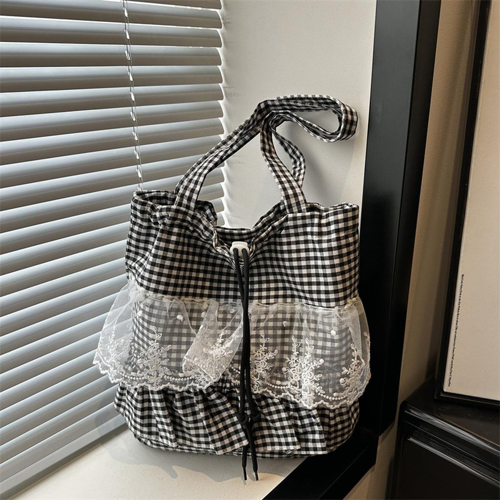 Check Pattern Tote Bag Lace Trim Street Daily Bag Multi-Way Shoulder Bag Large Capacity Large Capacity Handbag For Daily School