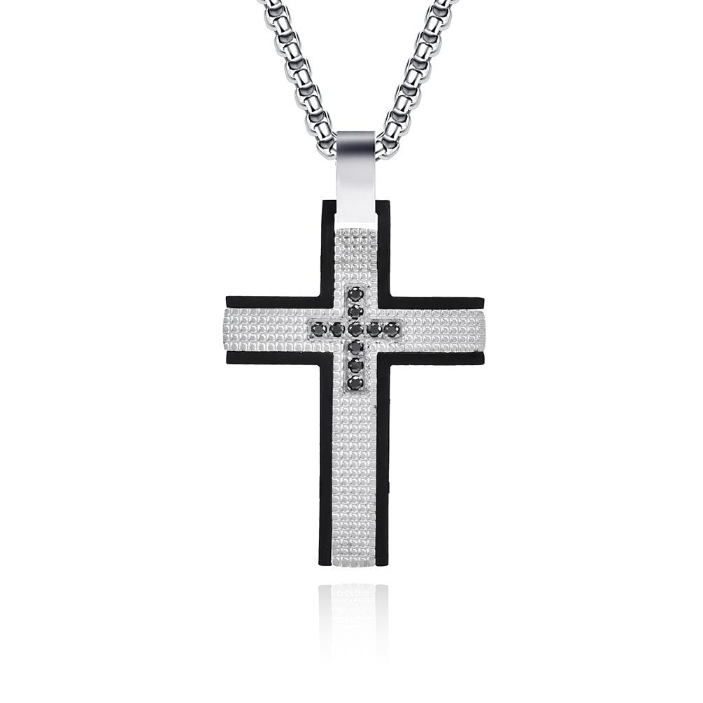 New Stamped Tian Plaid Stainless Steel Cross Pendant Trendy Men Titanium Steel Pendant Necklace 60CM