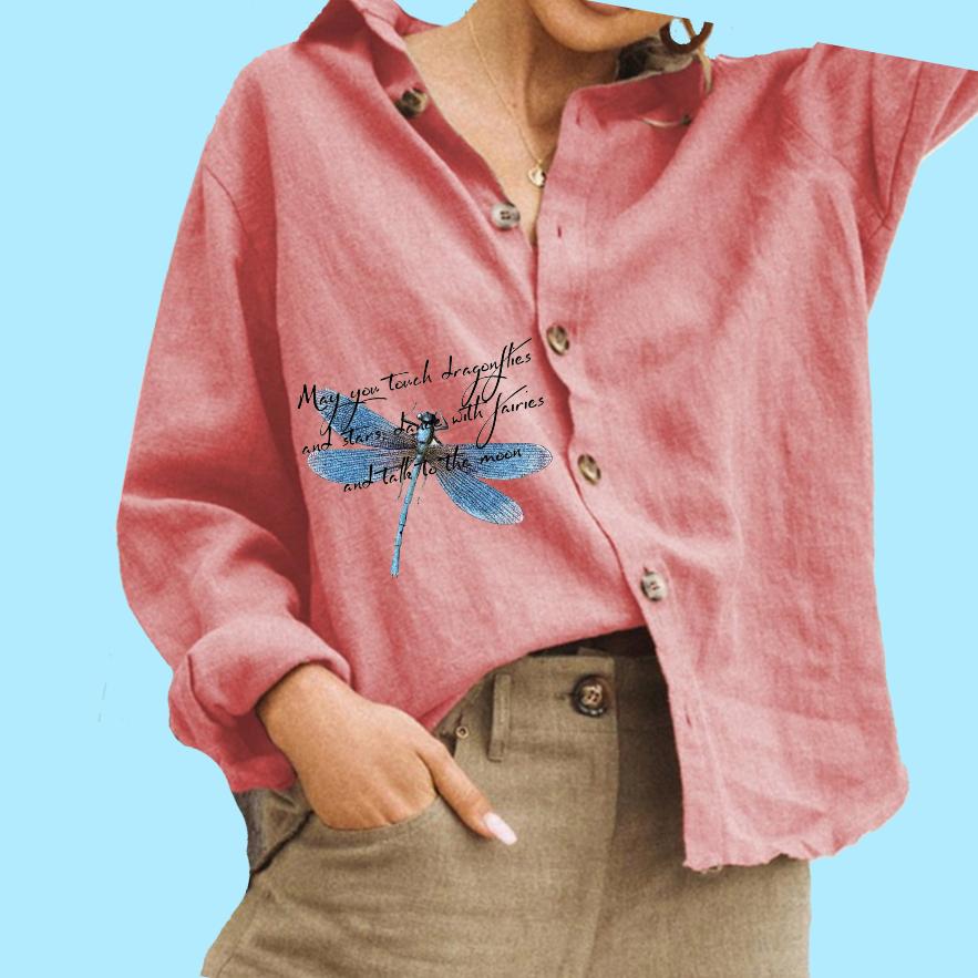 Women Fashion Lapel Collar Blouse Ladies Casual Button Down Top Print Cotton Linen Shirt