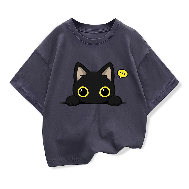 Original Design Summer Kids Clothing Short Sleeve Tee T Shirt Cute Black Cat Graphic Tee Tops Boys Girls T Shirts Pure Cotton