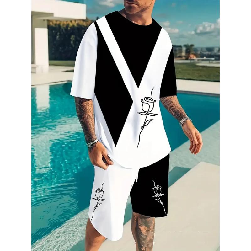 Letní Ležérní Každodenní Pánské Triko Outdoor Sportovní Plážové Kalhoty Street Fashion Krátký rukáv a Šortky se stahovací šňůrkou Pánský oblek