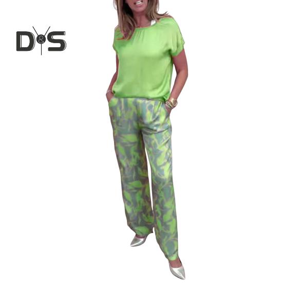 

Женский комплект из двух предметов с принтом «бохо», повседневный топ с круглым вырезом и короткими рукавами, широкие брюки, летний комплект для дома M зелёный