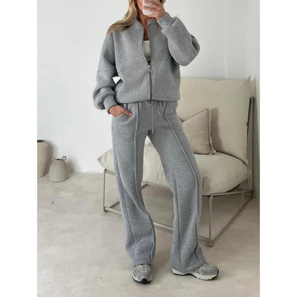 New Women's Fashion Casual Set: Solid Color Long-sleeved Sweatshirt, Zipper Trousers, Two-piece Set