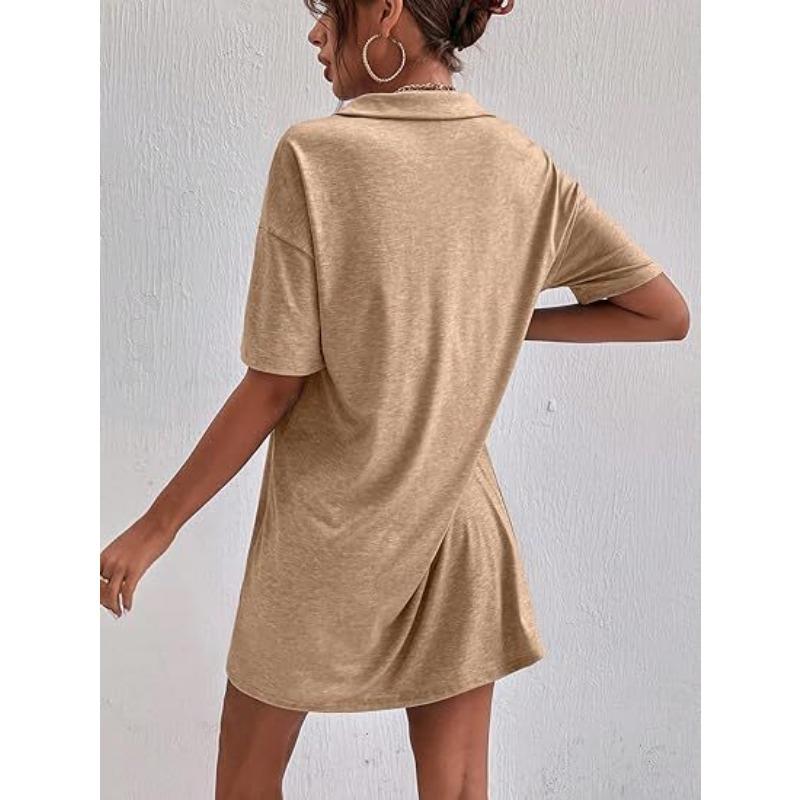 YYFS Women's Fashion Summer Spring Solid Color Print Short Sleeve POLO Neck Loose Waistline Casual Dresses