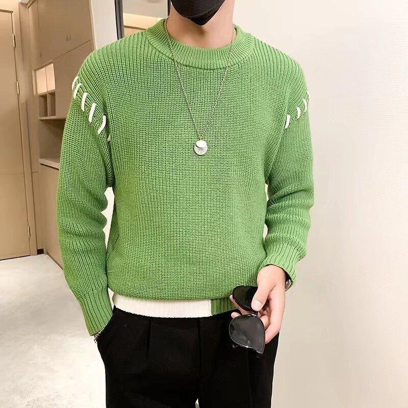 Spring 2024 Men's Sweater Patchwork Assorted Colors Skin-Friendly Fabric Fashion Versatile Top Casual Long-Sleeved Bottoming Shirt