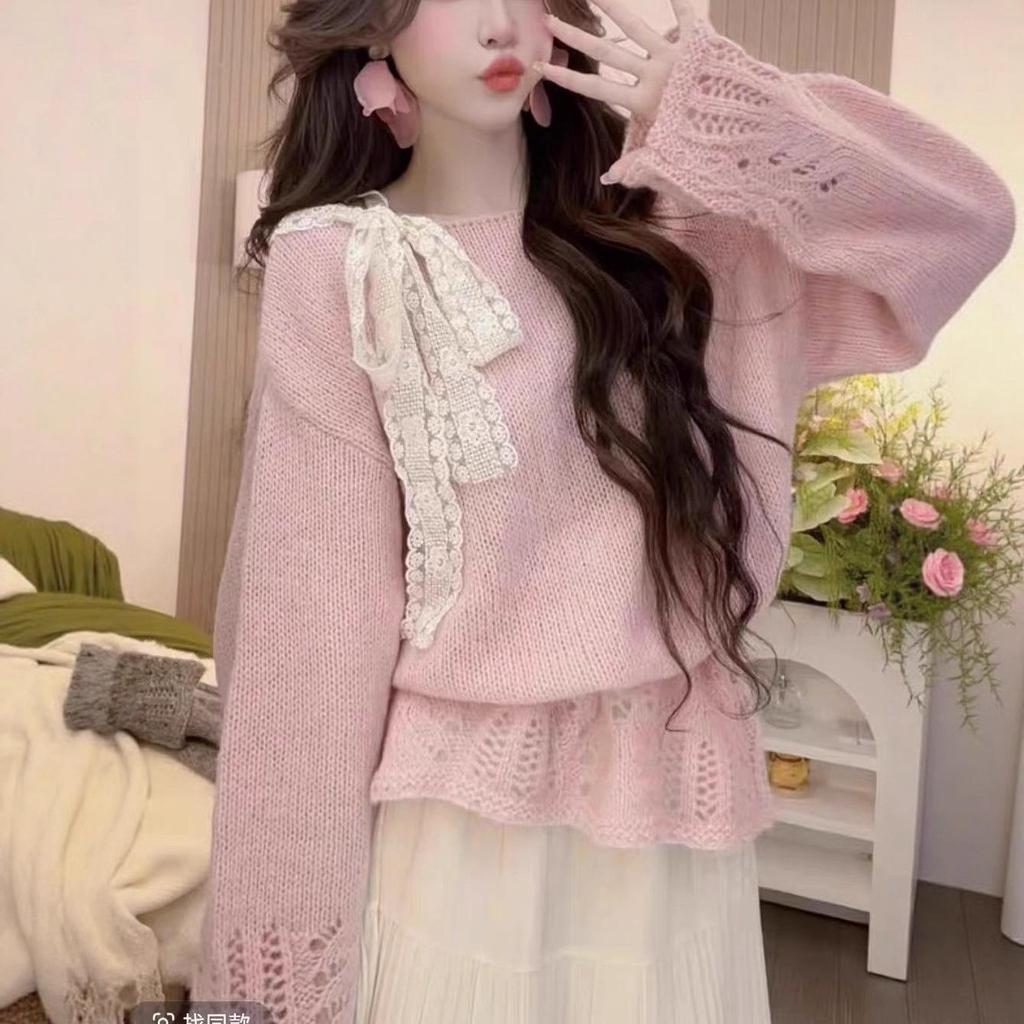 Lazy Style Knitted Lace-Up Bow Sweater - Women's Loose Fit for Autumn and Winter