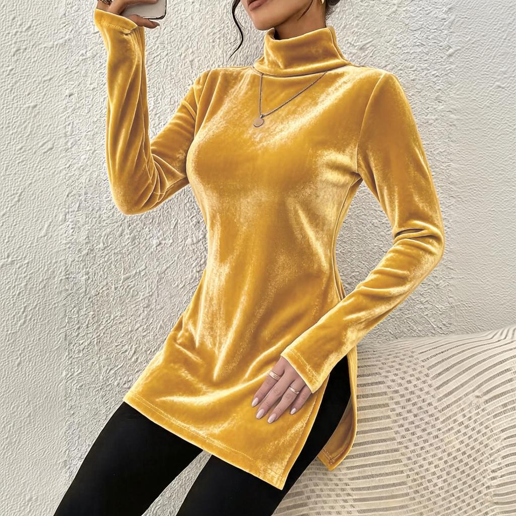 Women's Fashion Velvet Turtleneck Pullover Slim Fit with Side Slit Elegant Top for Everyday Wear