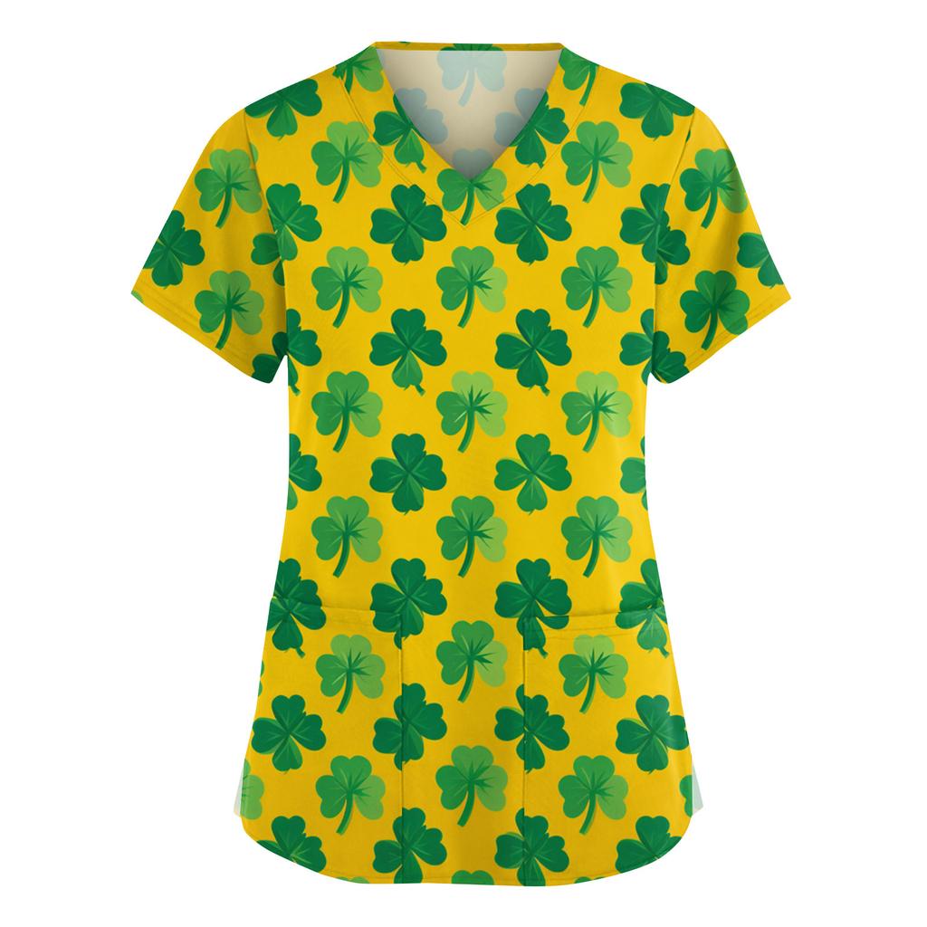 Women's Fashion V-Neck Short Sleeve Overalls With Pockets  Print Tops  Clothes