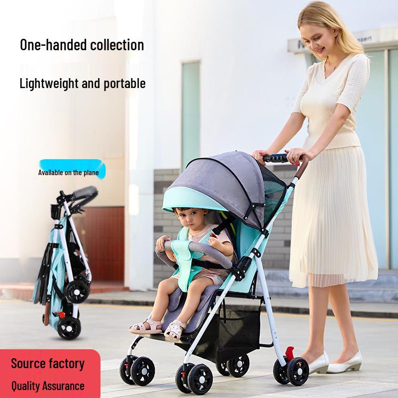Lightweight Foldable Baby Stroller, Four-Wheeled, Convertible for Sitting or Lying, One-Button Fold Portable Design