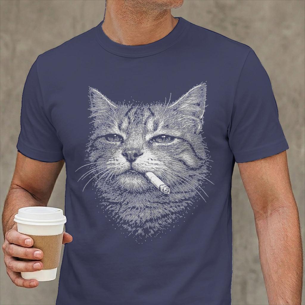Cat Smoking Cigarette Funny Meme Tshirts Unisex Unique Cotton Tee Shirt Crewneck Short Sleeve T Shirts Summer Clothing
